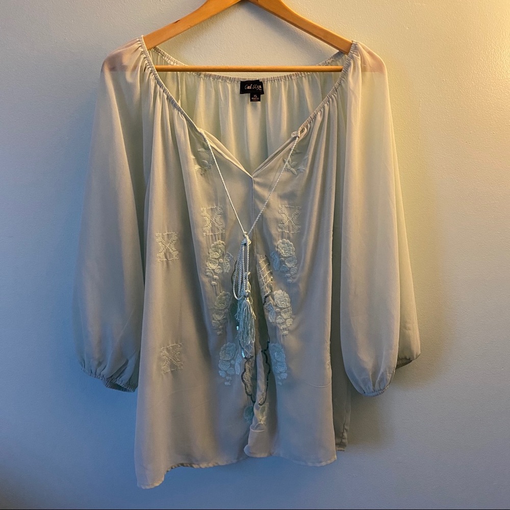 Cal Style Mint Green Blouse w/ Embroidered Details